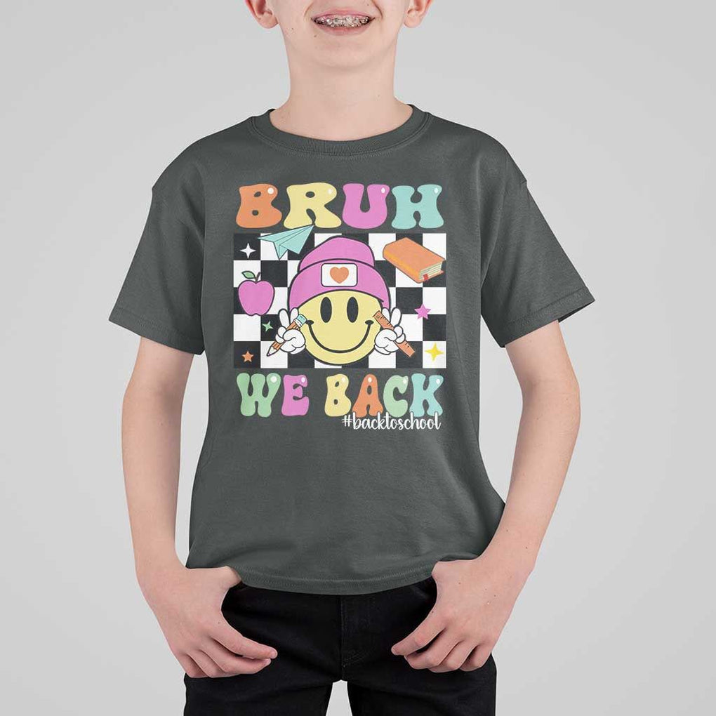 Bruh We Back T Shirt For Kid Back To School Retro Groovy Smile Face TS11 Dark Heather Print Your Wear