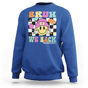 Bruh We Back Sweatshirt Back To School Retro Groovy Smile Face TS11 Royal Blue Print Your Wear