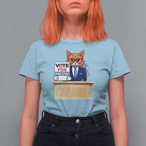 Funny Vote for Meow T Shirt For Women Cat Election Campaign Kamala President 2024 TS11 Light Blue Print Your Wear