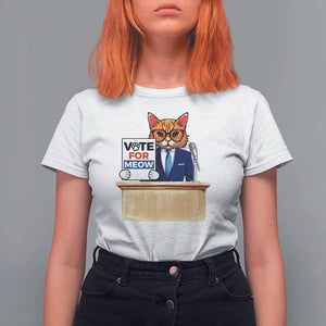 Funny Vote for Meow T Shirt For Women Cat Election Campaign Kamala President 2024 TS11 White Print Your Wear