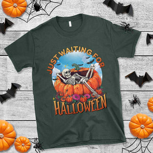 Just Waiting For Halloween T Shirt Spooky Skeleton Pumpkin Summer Vibes TS11 Dark Forest Green Print Your Wear