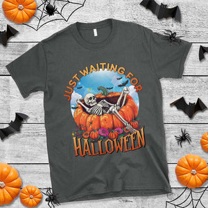 Just Waiting For Halloween T Shirt Spooky Skeleton Pumpkin Summer Vibes TS11 Dark Heather Print Your Wear