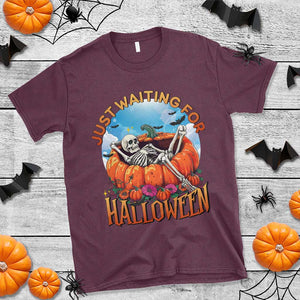 Just Waiting For Halloween T Shirt Spooky Skeleton Pumpkin Summer Vibes TS11 Maroon Print Your Wear