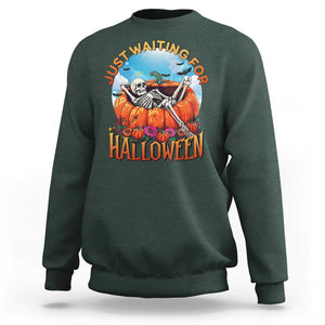 Just Waiting For Halloween Sweatshirt Spooky Skeleton Pumpkin Summer Vibes TS11 Dark Forest Green Print Your Wear