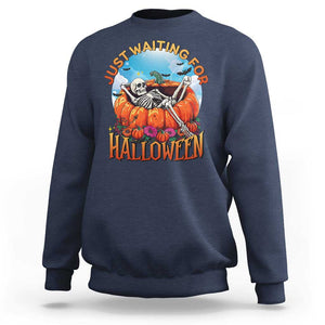 Just Waiting For Halloween Sweatshirt Spooky Skeleton Pumpkin Summer Vibes TS11 Navy Print Your Wear