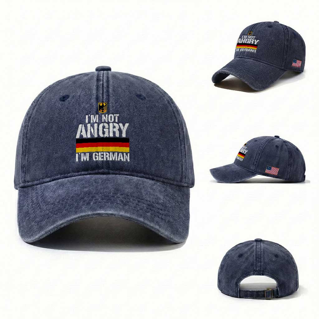 Funny I Am Not Angry I Am German Washed Cotton Baseball Cap Germany Flag German American TS11 Washed Cap Universal Fit Navy Print Your Wear