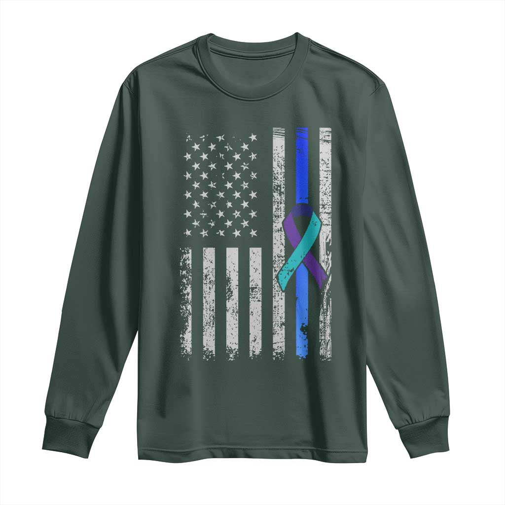 Police Suicide Prevention Awareness American Flag Ribbon Support Long Sleeve Shirt TS11 Dark Forest Green Print Your Wear