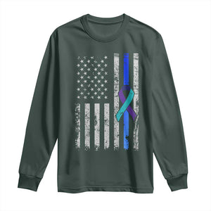 Police Suicide Prevention Awareness American Flag Ribbon Support Long Sleeve Shirt TS11 Dark Forest Green Print Your Wear