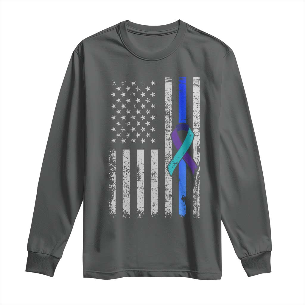 Police Suicide Prevention Awareness American Flag Ribbon Support Long Sleeve Shirt TS11 Dark Heather Print Your Wear