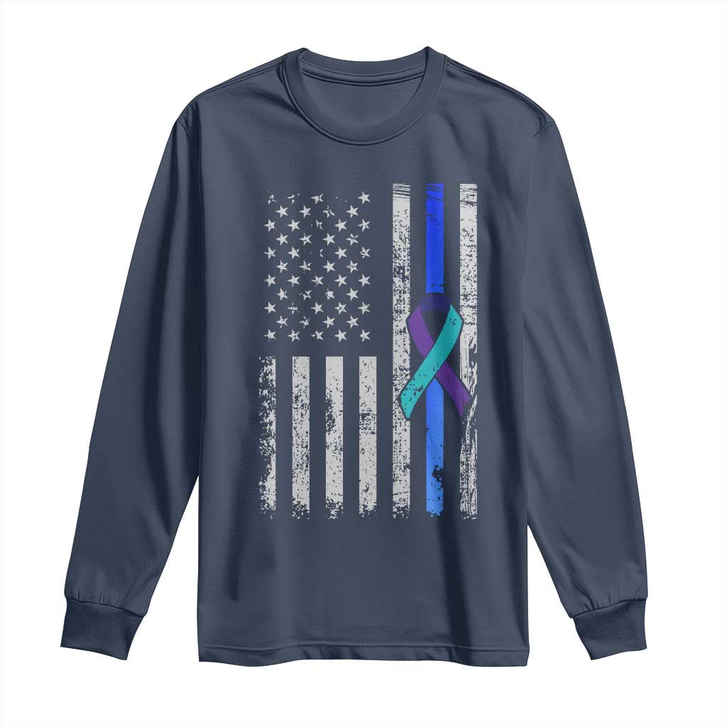 Police Suicide Prevention Awareness American Flag Ribbon Support Long Sleeve Shirt TS11 Navy Print Your Wear