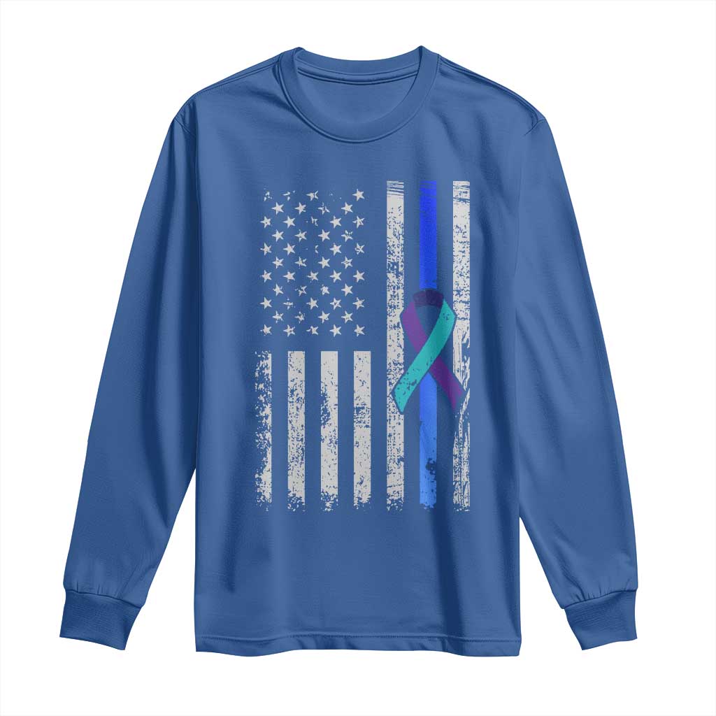 Police Suicide Prevention Awareness American Flag Ribbon Support Long Sleeve Shirt TS11 Royal Blue Print Your Wear