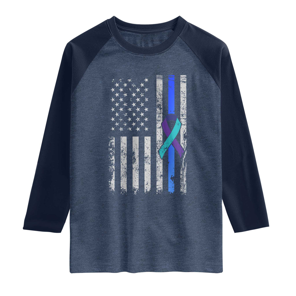 Police Suicide Prevention Awareness American Flag Ribbon Support Raglan Shirt TS11 Heather Denim Navy Print Your Wear