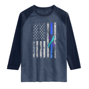 Police Suicide Prevention Awareness American Flag Ribbon Support Raglan Shirt TS11 Heather Denim Navy Print Your Wear
