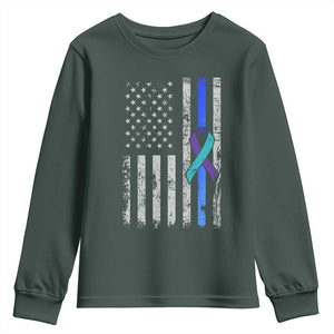 Police Suicide Prevention Awareness American Flag Ribbon Support Youth Sweatshirt TS11 Dark Forest Green Print Your Wear