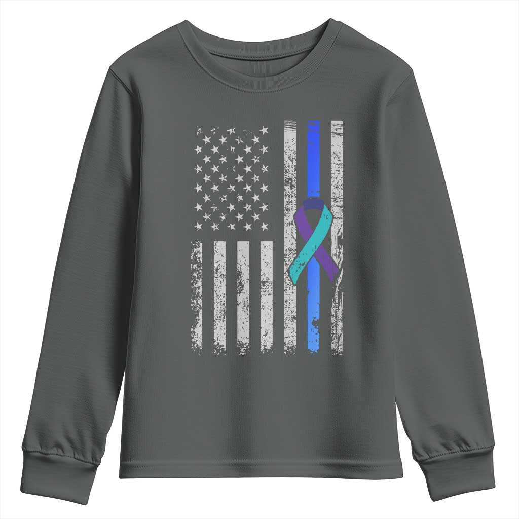 Police Suicide Prevention Awareness American Flag Ribbon Support Youth Sweatshirt TS11 Dark Heather Print Your Wear
