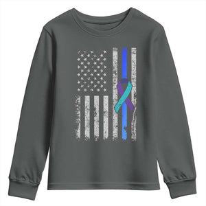 Police Suicide Prevention Awareness American Flag Ribbon Support Youth Sweatshirt TS11 Dark Heather Print Your Wear