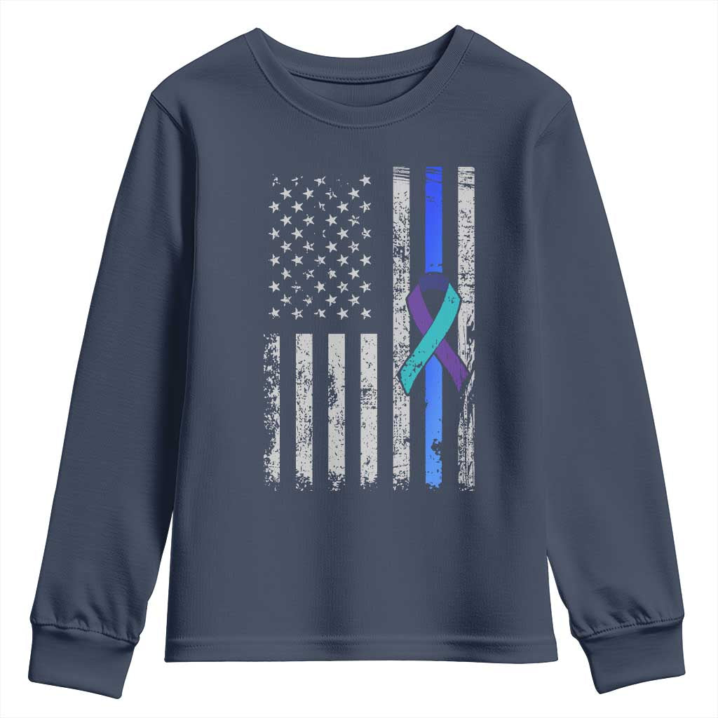 Police Suicide Prevention Awareness American Flag Ribbon Support Youth Sweatshirt TS11 Navy Print Your Wear