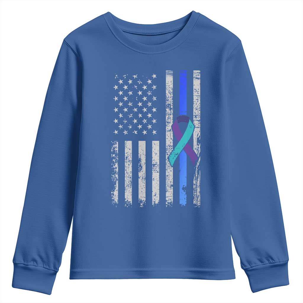 Police Suicide Prevention Awareness American Flag Ribbon Support Youth Sweatshirt TS11 Royal Blue Print Your Wear