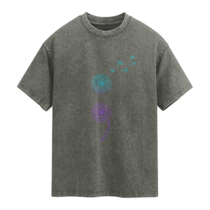 Semicolon Suicide Prevention Awareness Dandelion Graphic Washed Cotton T-Shirt