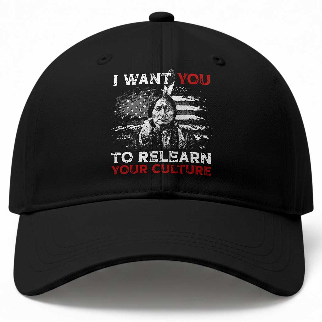 Sitting Bull Native American Chief Baseball Cap I Want You To Relearn Your Culture Vintage American Flag