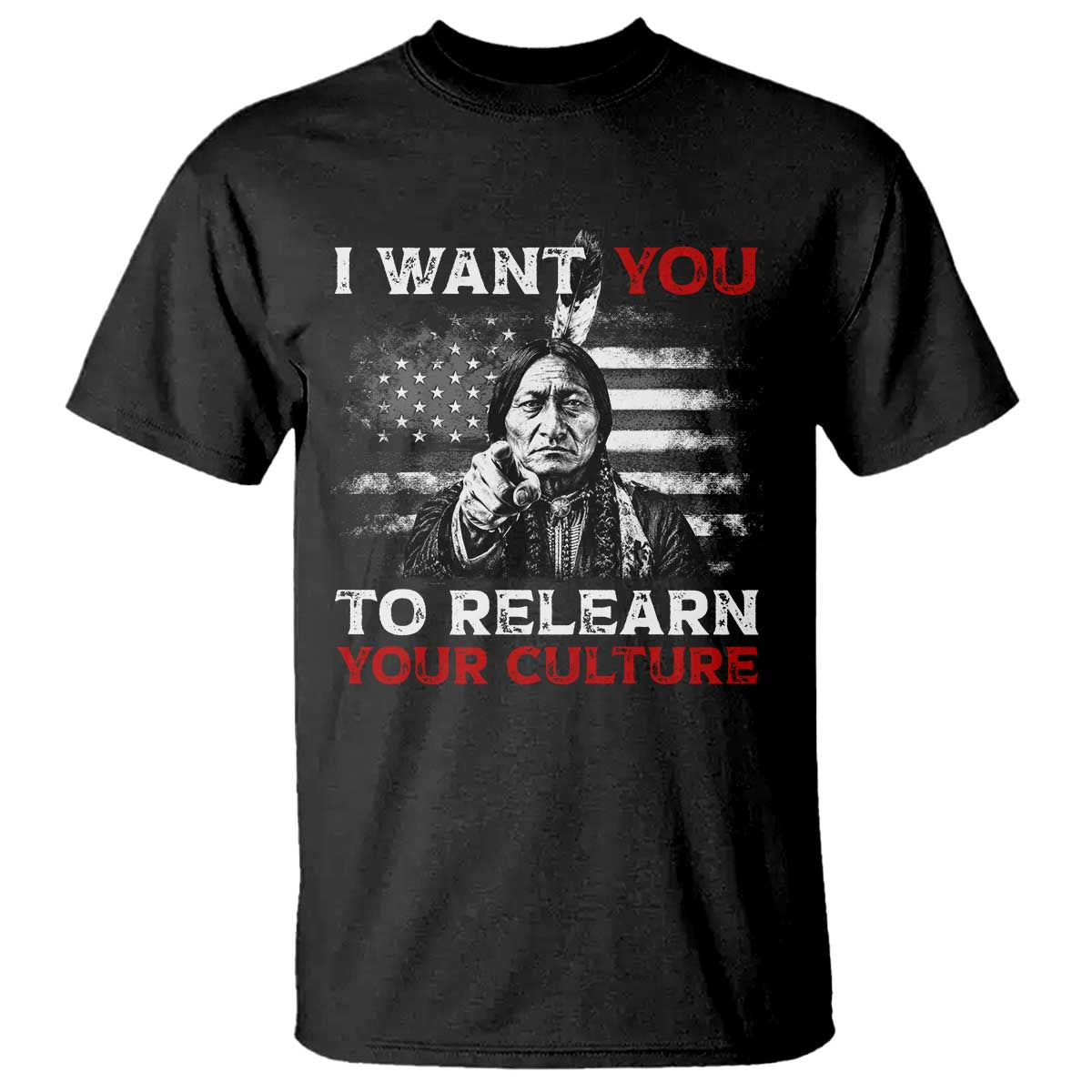 Sitting Bull Native American Chief T Shirt I Want You To Relearn Your Culture Vintage American Flag