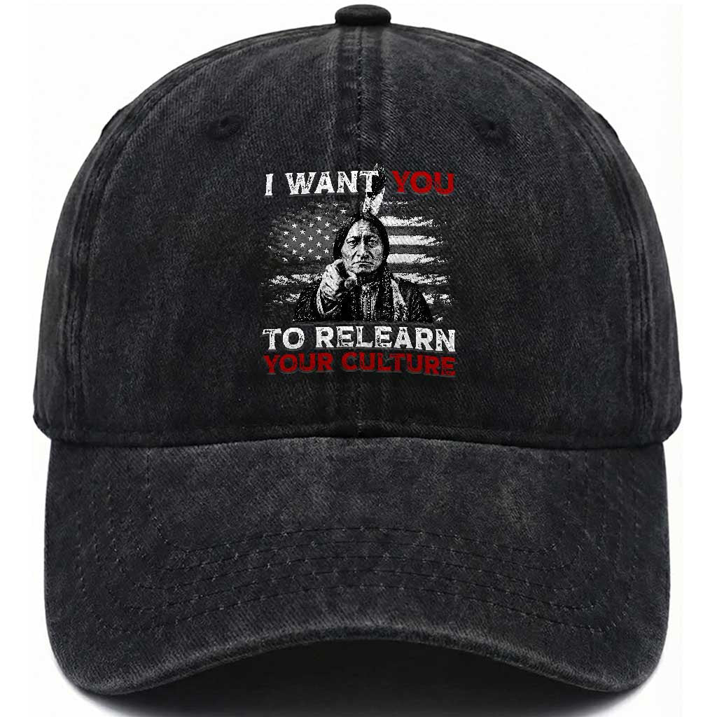 Sitting Bull Native American Chief Washed Cotton Baseball Cap I Want You To Relearn Your Culture Vintage American Flag