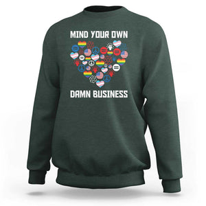 Harris Walz 2024 Sweatshirt Mind Your Own Damn Business Unity LGBT American Flag TS11 Dark Forest Green Print Your Wear