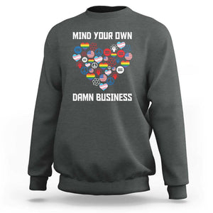 Harris Walz 2024 Sweatshirt Mind Your Own Damn Business Unity LGBT American Flag TS11 Dark Heather Print Your Wear