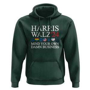 Harris Walz'24 Hoodie Mind Your Own Damn Business American LGBT Flag Unity Heart TS11 Dark Forest Green Print Your Wear