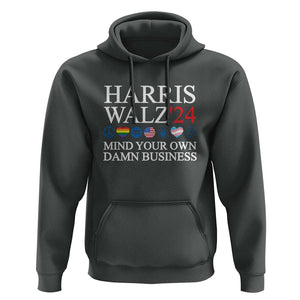 Harris Walz'24 Hoodie Mind Your Own Damn Business American LGBT Flag Unity Heart TS11 Dark Heather Print Your Wear