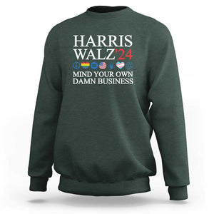 Harris Walz'24 Sweatshirt Mind Your Own Damn Business American LGBT Flag Unity Heart TS11 Dark Forest Green Print Your Wear