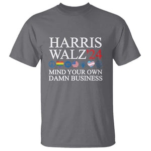 Harris Walz'24 T Shirt Mind Your Own Damn Business American LGBT Flag Unity Heart TS11 Charcoal Print Your Wear