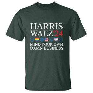 Harris Walz'24 T Shirt Mind Your Own Damn Business American LGBT Flag Unity Heart TS11 Dark Forest Green Print Your Wear