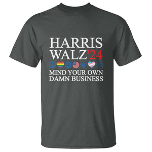 Harris Walz'24 T Shirt Mind Your Own Damn Business American LGBT Flag Unity Heart TS11 Dark Heather Print Your Wear