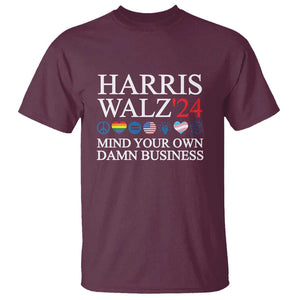 Harris Walz'24 T Shirt Mind Your Own Damn Business American LGBT Flag Unity Heart TS11 Maroon Print Your Wear