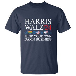 Harris Walz'24 T Shirt Mind Your Own Damn Business American LGBT Flag Unity Heart TS11 Navy Print Your Wear