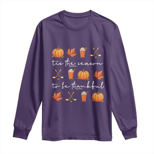 Thanksgiving Day Long Sleeve Shirt Tis The Season To Be Thankful Pumpkin Ice Hockey Maple Leaf TS11 Purple Print Your Wear