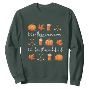 Thanksgiving Day Sweatshirt Tis The Season To Be Thankful Pumpkin Ice Hockey Maple Leaf TS11 Dark Forest Green Print Your Wear