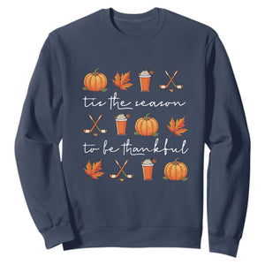 Thanksgiving Day Sweatshirt Tis The Season To Be Thankful Pumpkin Ice Hockey Maple Leaf TS11 Navy Print Your Wear