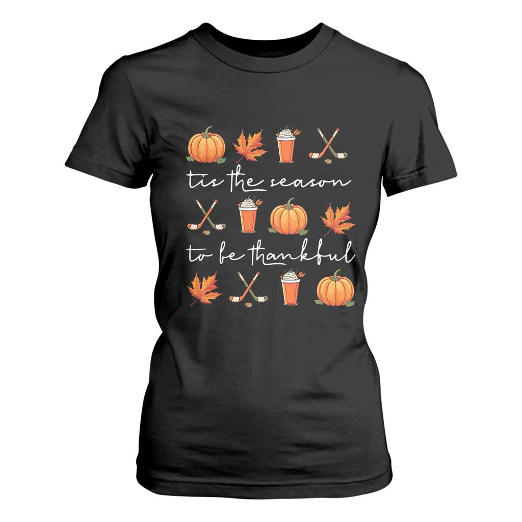 Thanksgiving Day T Shirt For Women Tis The Season To Be Thankful Pumpkin Ice Hockey Maple Leaf TS11 Black Print Your Wear