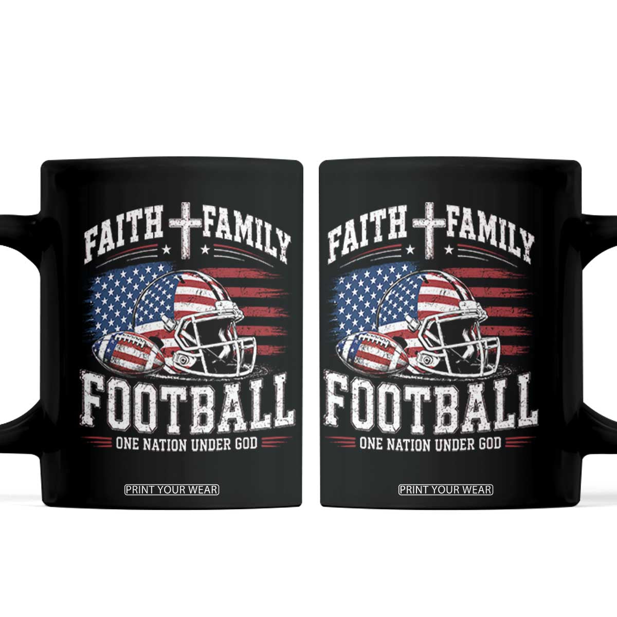 Patriotic Christian Football Coffee Mug Faith Family Football One Nation Under God Vintage American Flag
