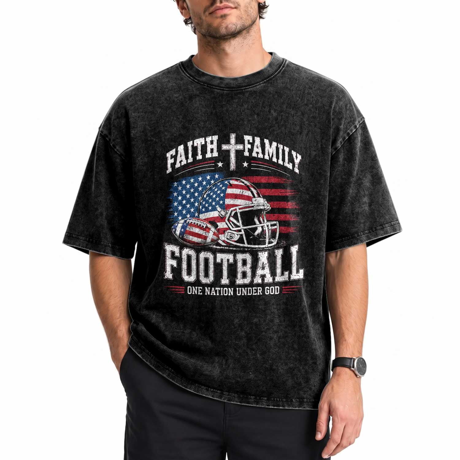 Patriotic Christian Football Washed Cotton T-Shirt Faith Family Football One Nation Under God Vintage American Flag