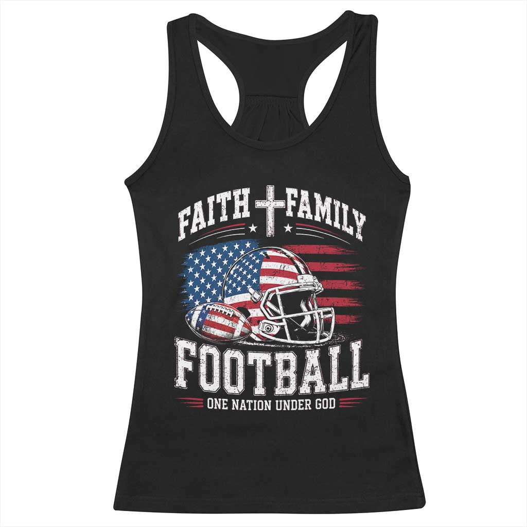 Patriotic Christian Football Racerback Tank Top Faith Family Football One Nation Under God Vintage American Flag
