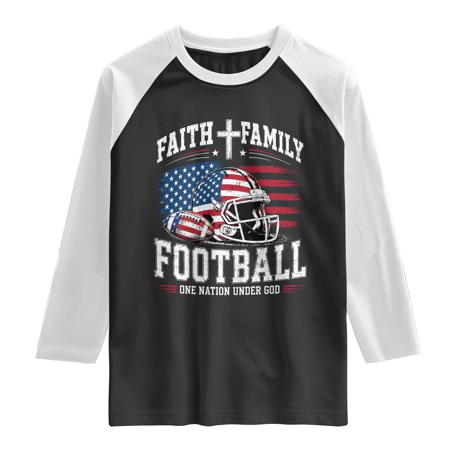 Patriotic Christian Football Raglan Shirt Faith Family Football One Nation Under God Vintage American Flag