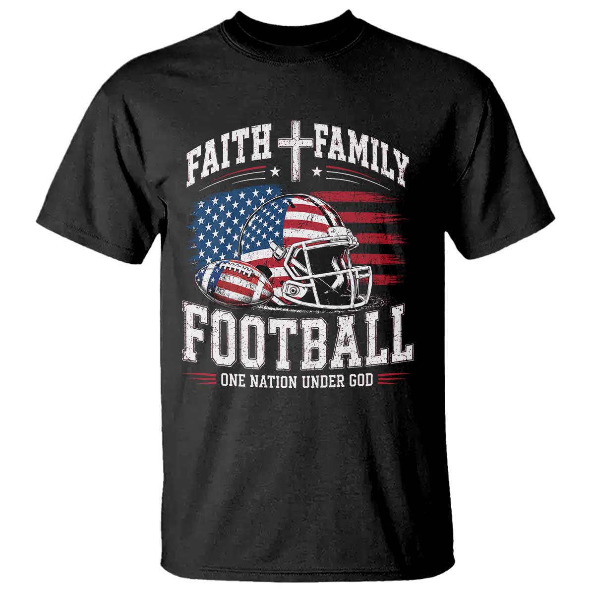 Patriotic Christian Football T Shirt Faith Family Football One Nation Under God Vintage American Flag