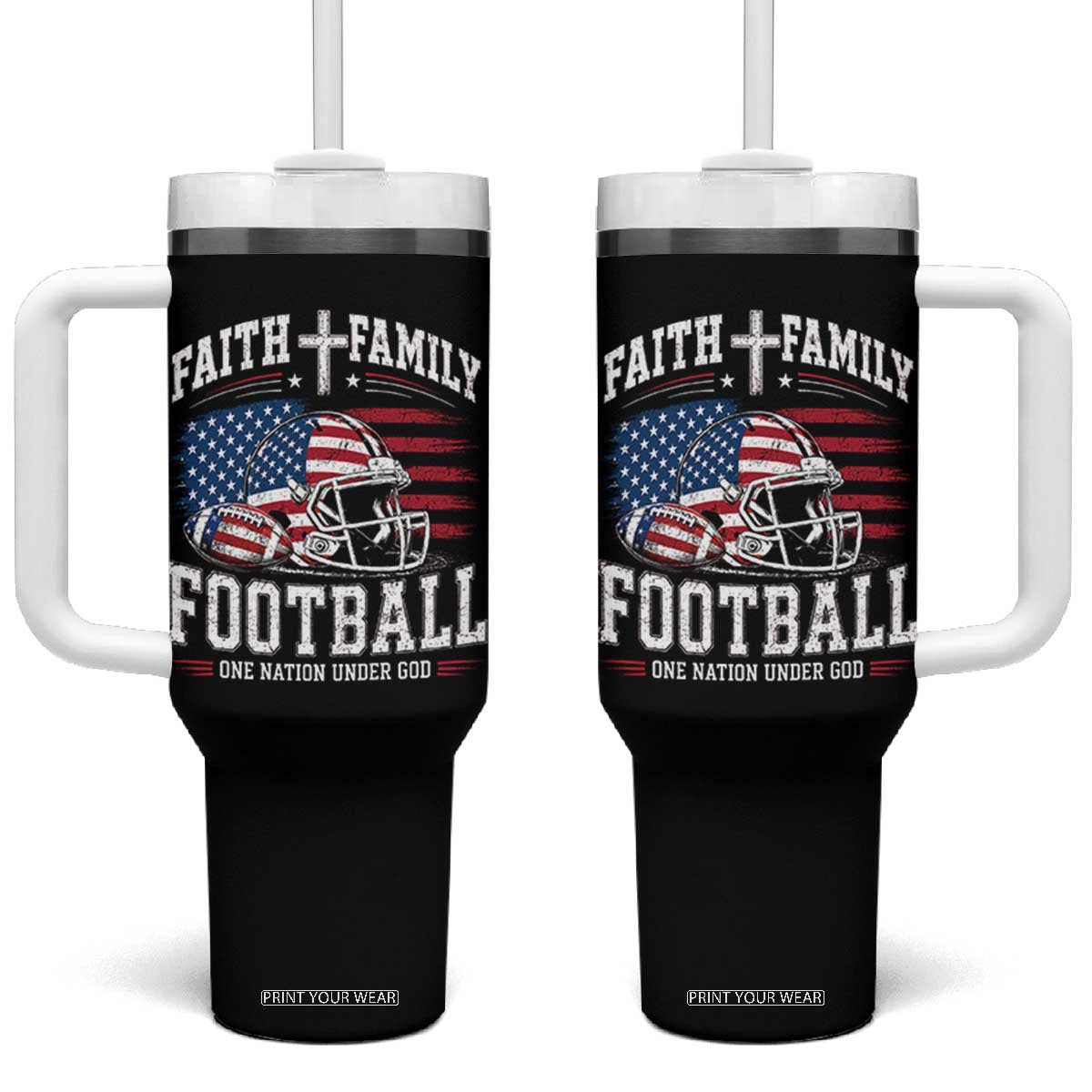 Patriotic Christian Football Tumbler With Handle Faith Family Football One Nation Under God Vintage American Flag