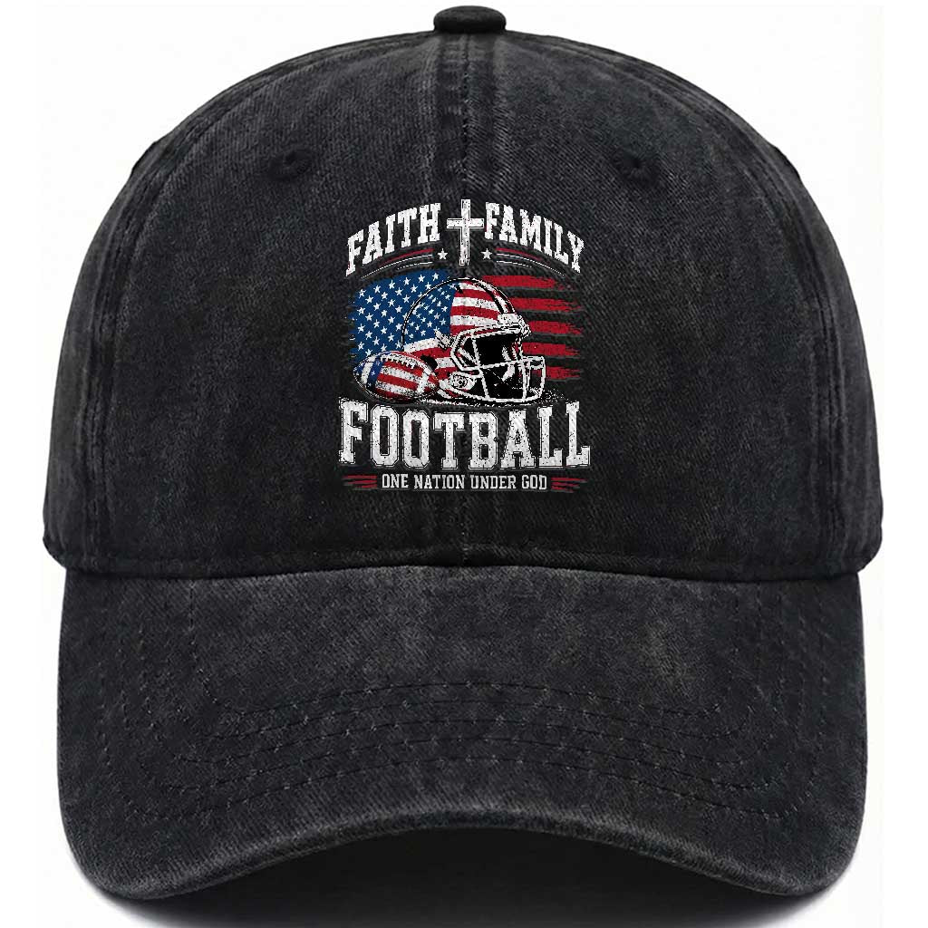 Patriotic Christian Football Washed Cotton Baseball Cap Faith Family Football One Nation Under God Vintage American Flag