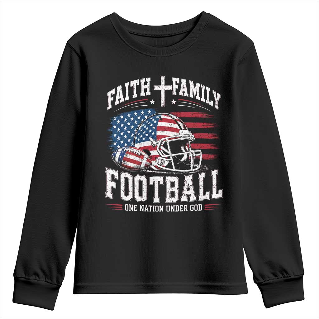 Patriotic Christian Football Youth Sweatshirt Faith Family Football One Nation Under God Vintage American Flag