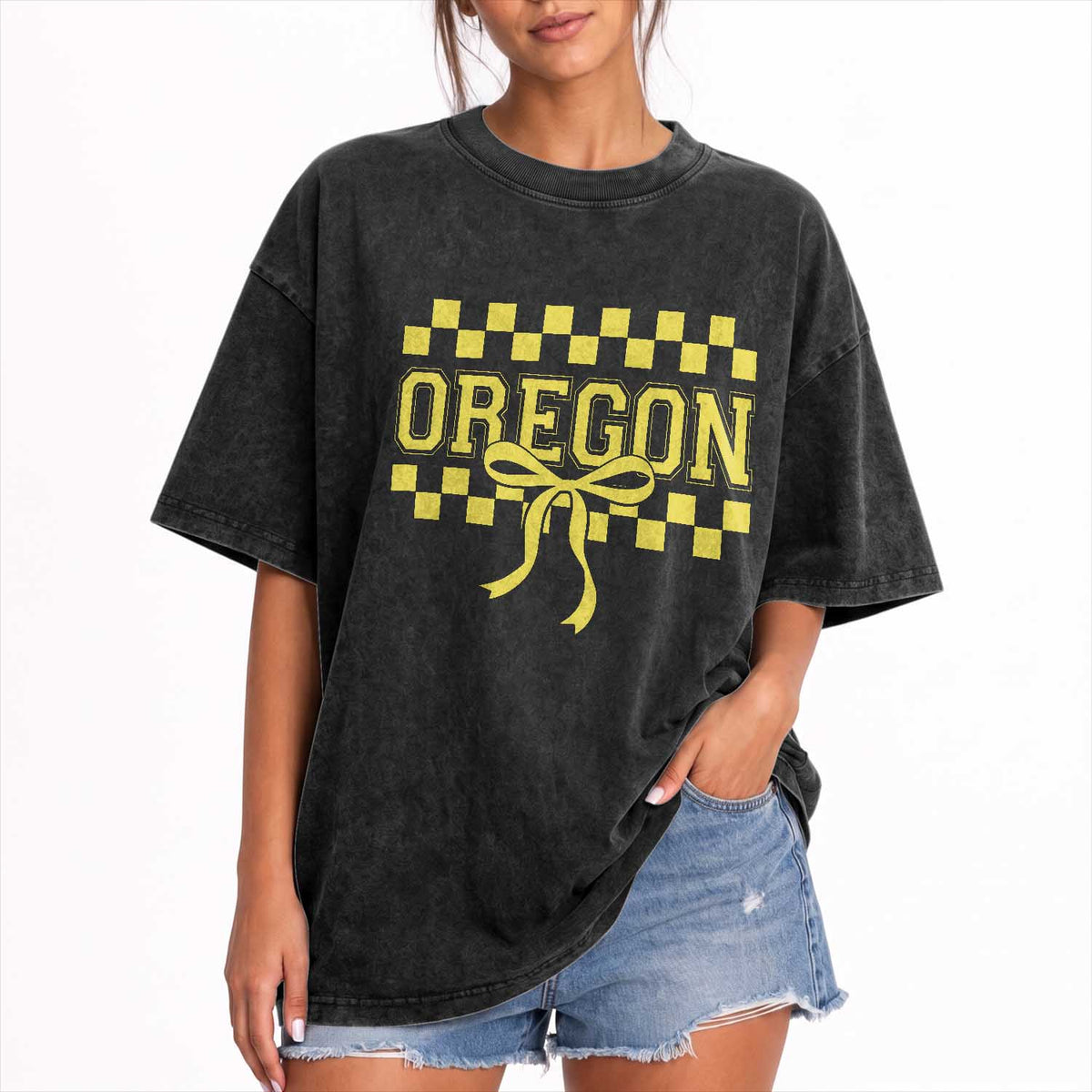 Oregon Sports Coquette Bow Checkered Design Game Day Washed Cotton T-Shirt