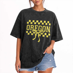 Oregon Sports Coquette Bow Checkered Design Game Day Washed Cotton T-Shirt